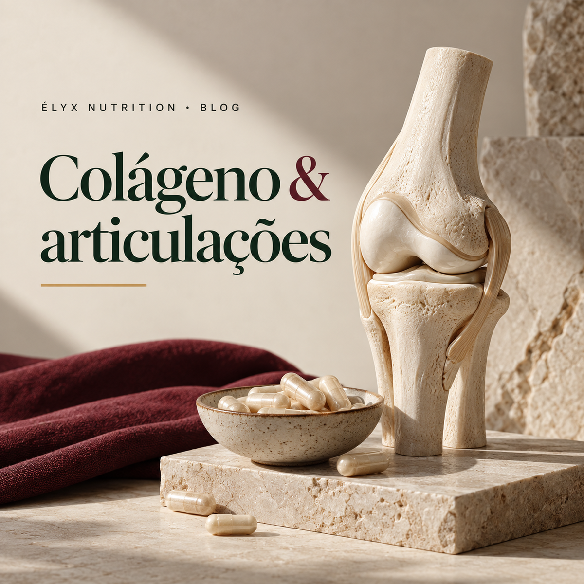Modelo anatômico de articulação do joelho ao lado de cápsulas em capa editorial sobre colágeno e saúde das articulações.