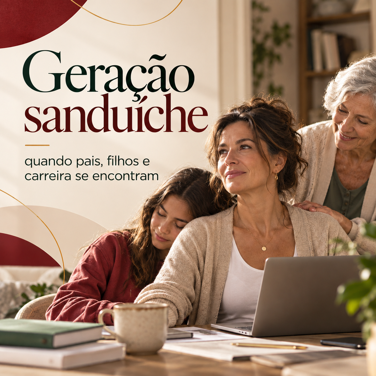 Mulher adulta entre a filha e a mãe idosa, em cena familiar que representa geração sanduíche, cuidado familiar e carreira.